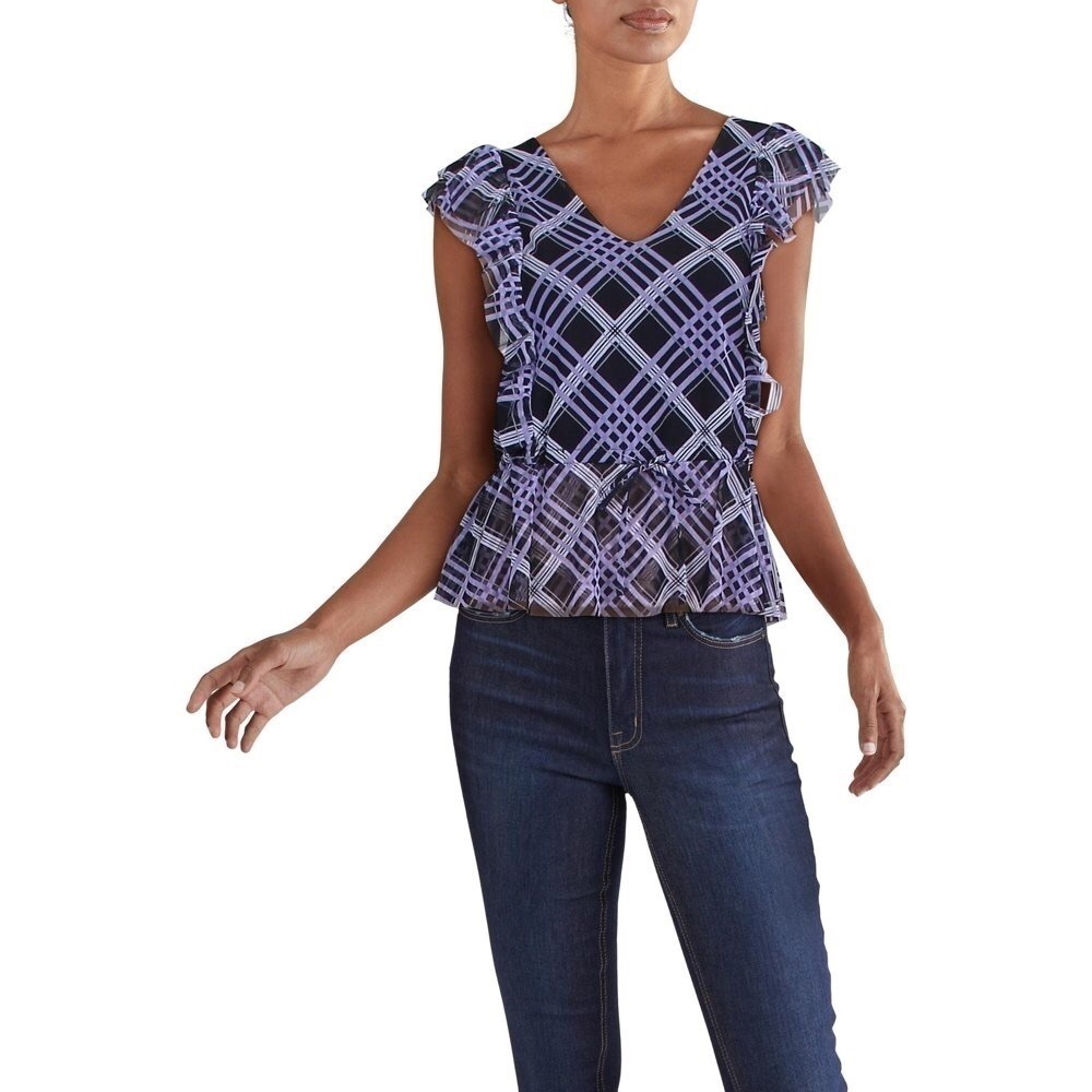 139. NWT INC Plaid Purple/ White Clinch Waist Raw Hem Top